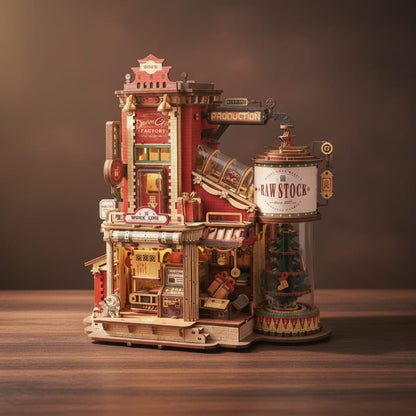 Puzzle 3D : Usine à Cadeaux en Bois, assemblé et éclairé, posé sur une table en bois foncé.