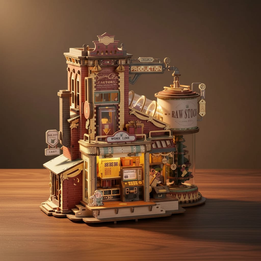 Puzzle 3D : Usine à Cadeaux en Bois, assemblé et éclairé sur une table en bois sombre, ambiance cha…