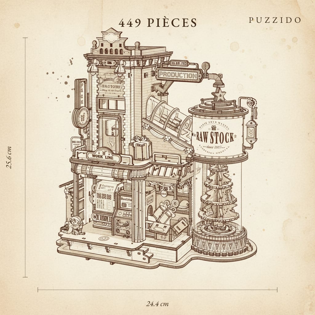Puzzle 3D : Usine à Cadeaux en Bois, plan technique détaillé avec dimensions sur fond de papier vie…