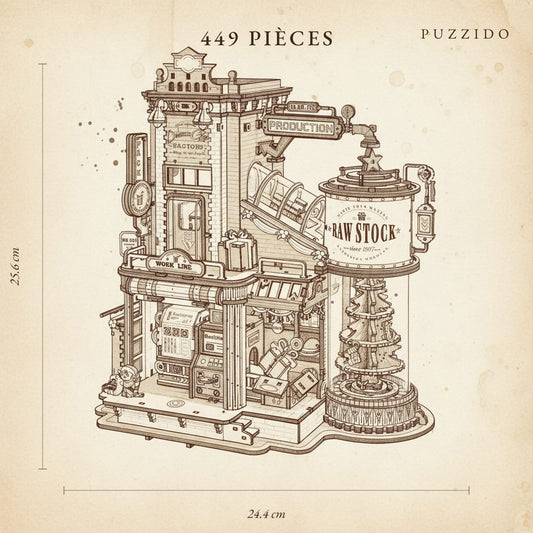 Puzzle 3D : Usine à Cadeaux en Bois, plan technique détaillé avec dimensions sur fond de papier vie…