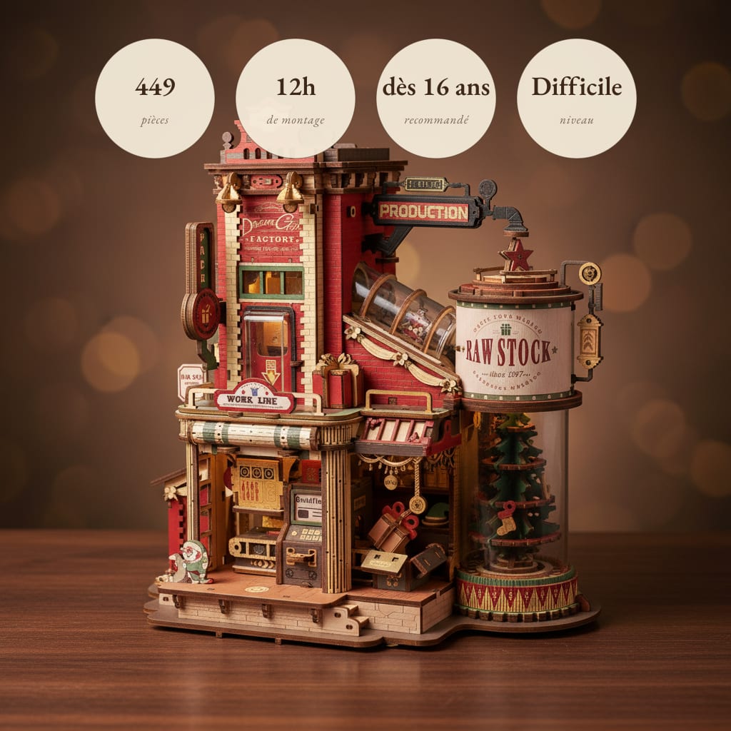 Puzzle 3D : Usine à Cadeaux en Bois, assemblé et éclairé, posé sur une table en bois sombre.