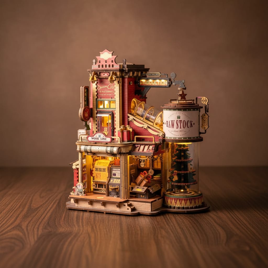Puzzle 3D : Usine à Cadeaux en Bois, illuminée, posée sur une surface en noyer dans une ambiance st…
