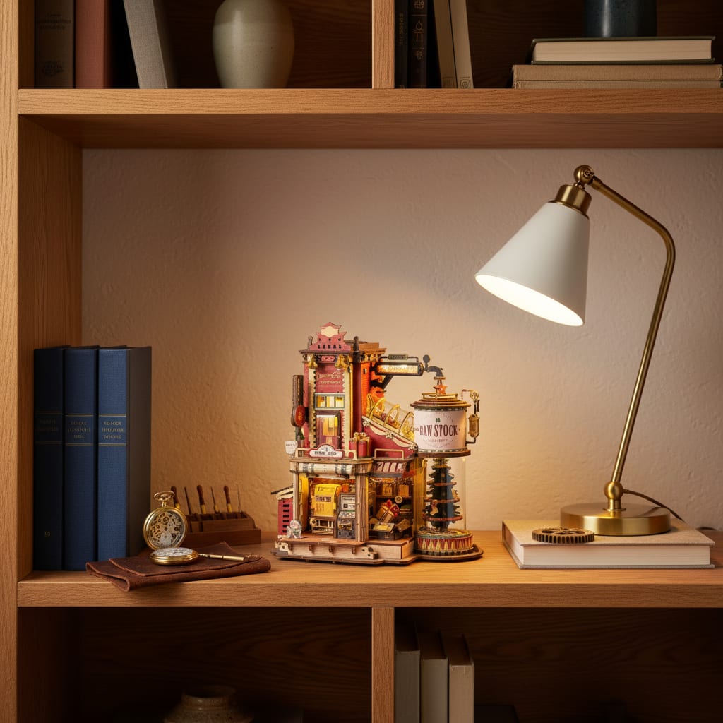 Puzzle 3D : Usine à Cadeaux en Bois, sur une étagère en bois clair, éclairée par une lampe de burea…