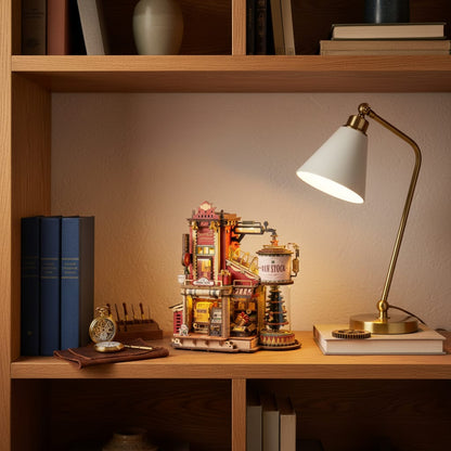 Puzzle 3D : Usine à Cadeaux en Bois, sur une étagère en bois clair, éclairée par une lampe de burea…