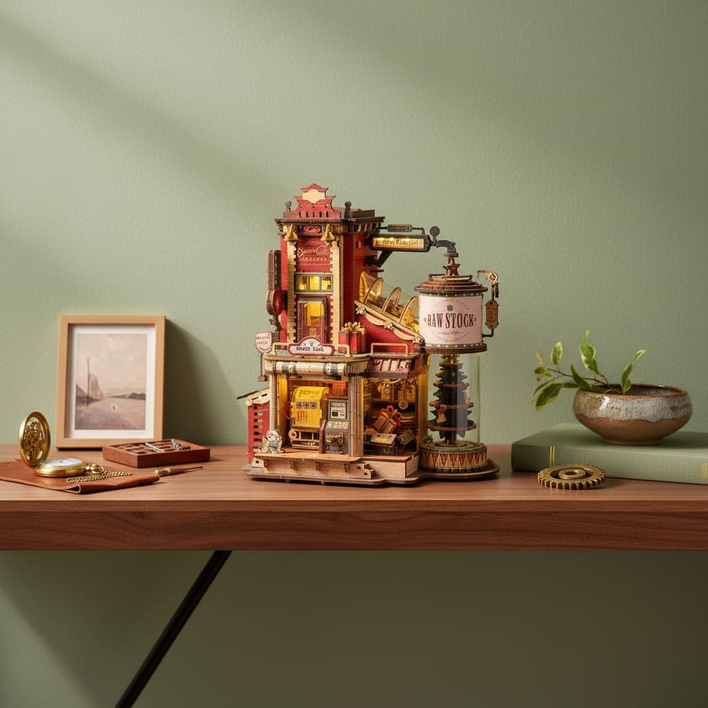 Puzzle 3D : Usine à Cadeaux en Bois, exposé sur une étagère en bois sombre avec des objets décorati…
