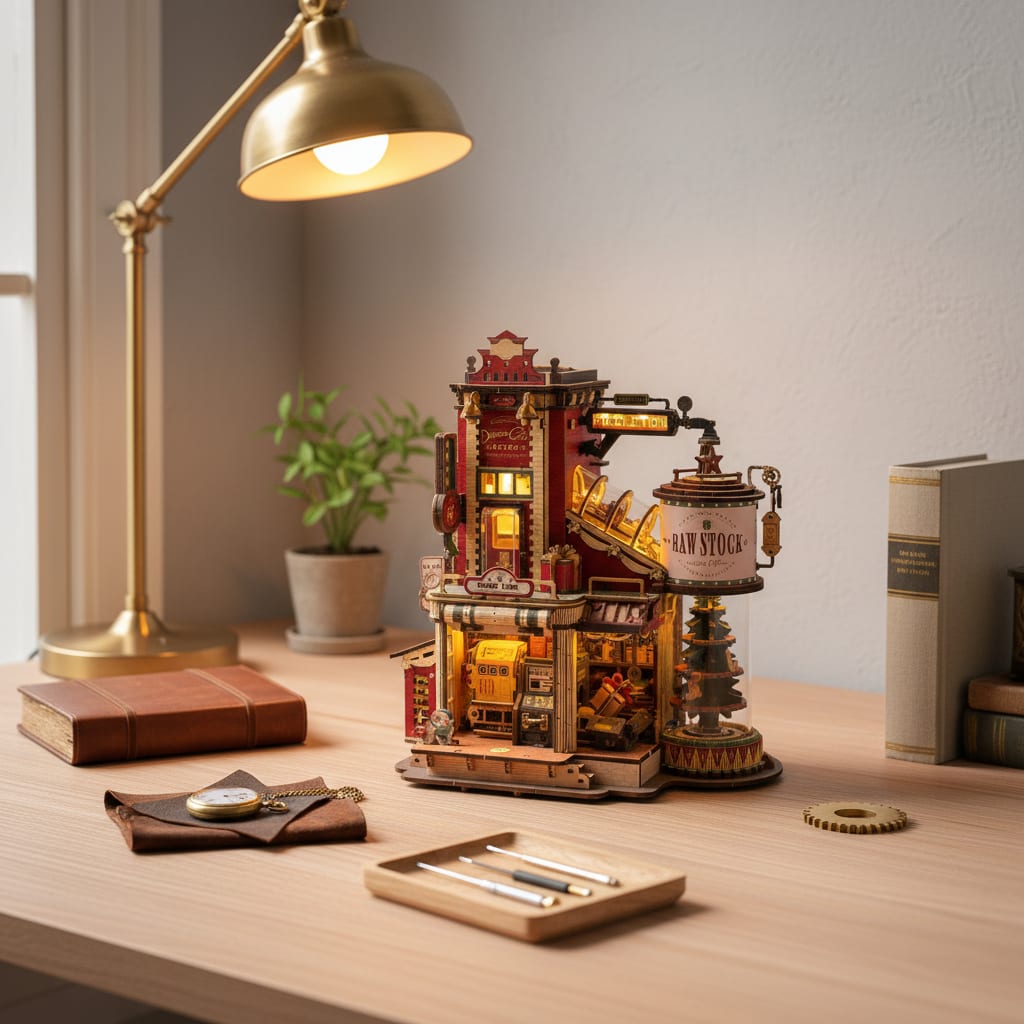 Puzzle 3D : Usine à Cadeaux en Bois, sur un bureau en bois clair avec lampe laiton et accessoires.
