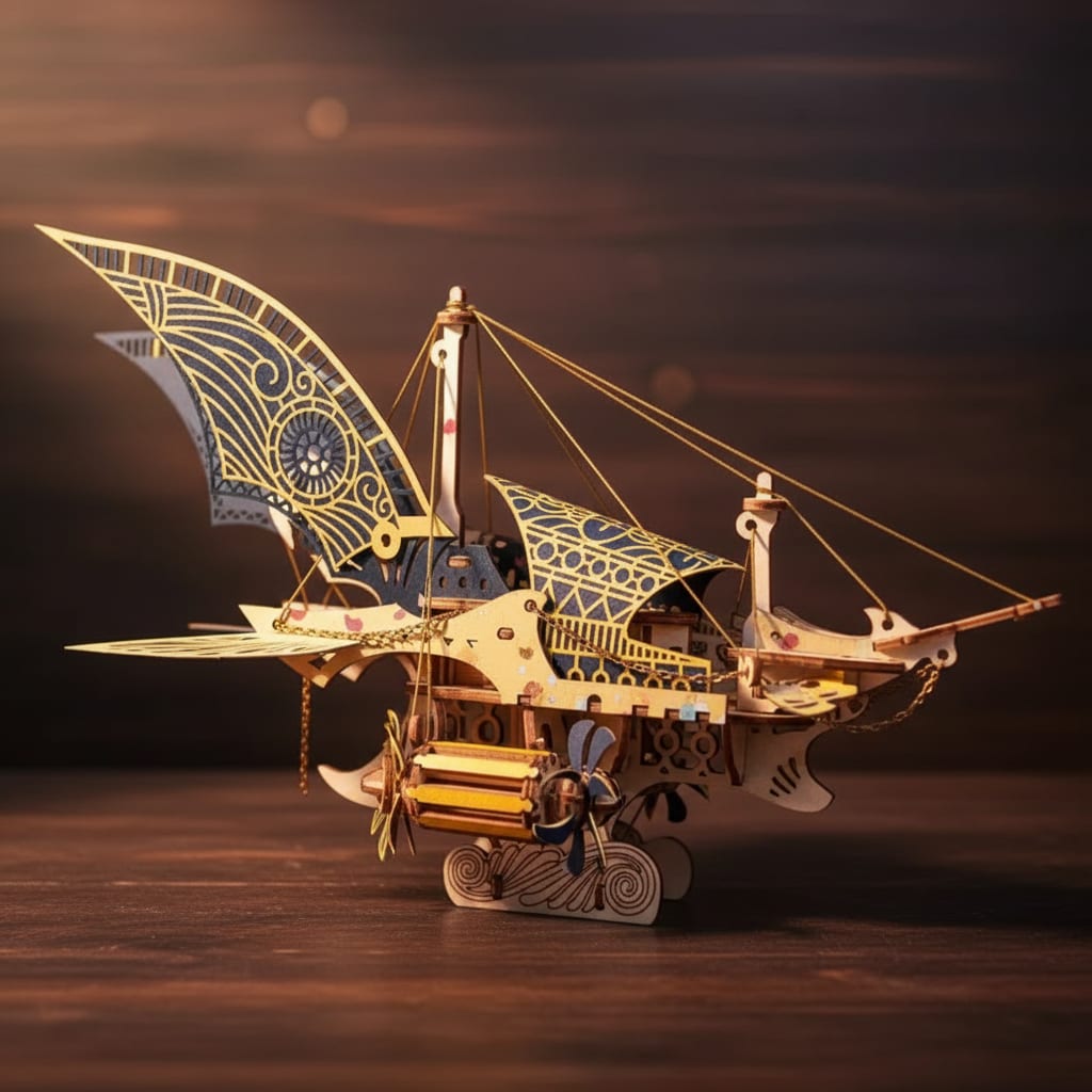 Puzzle 3D du Vaisseau Steampunk, vue studio sur surface en noyer