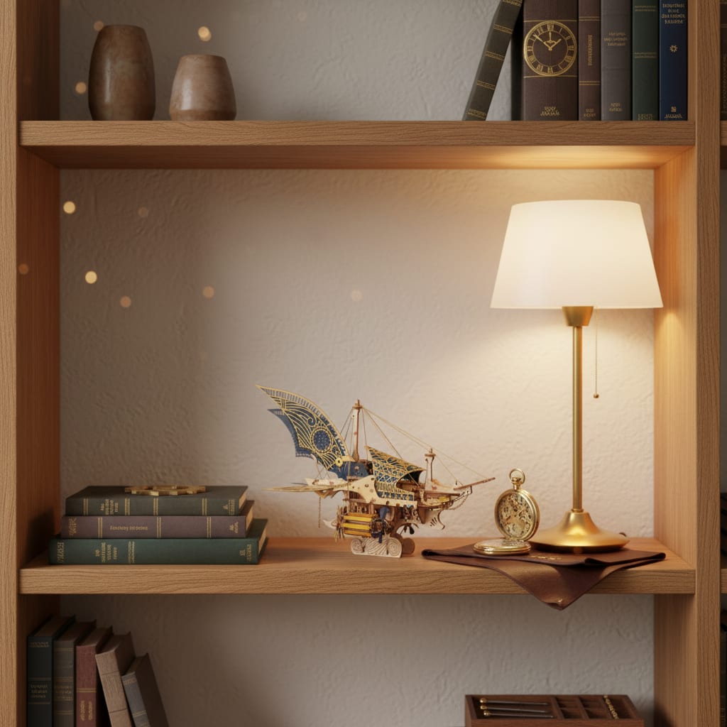 Puzzle 3D du Vaisseau Steampunk, posé sur une commode dans un intérieur design