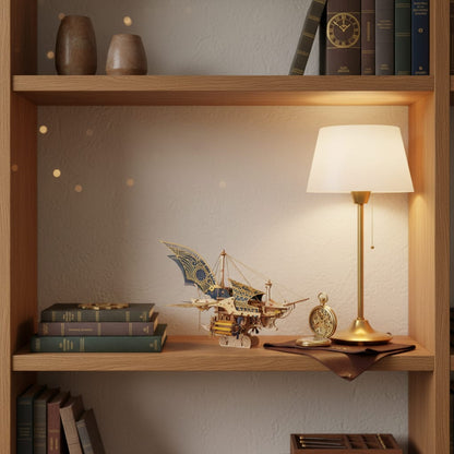 Puzzle 3D du Vaisseau Steampunk, posé sur une commode dans un intérieur design