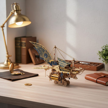 Puzzle 3D du Vaisseau Steampunk, placé sur une cheminée en pierre