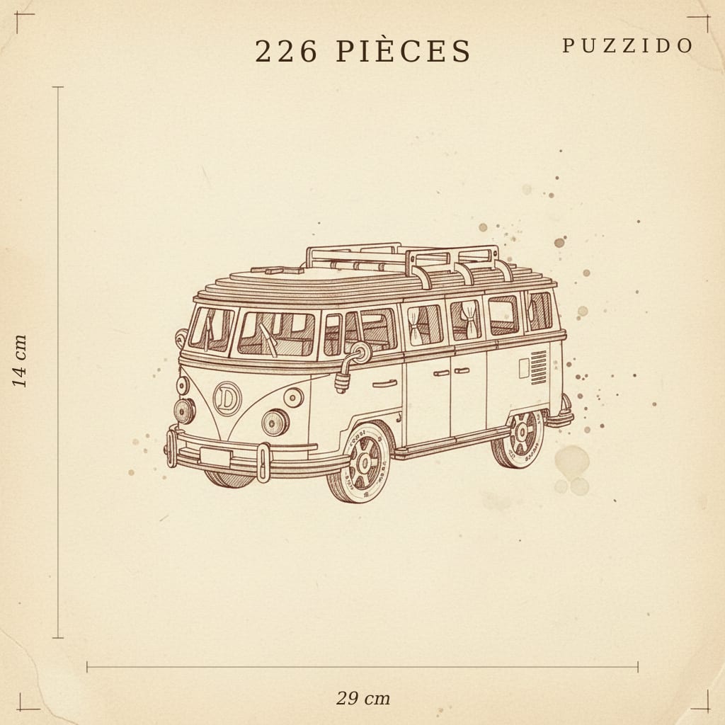 Puzzle 3D du Van Bleu en bois, plan technique des dimensions.