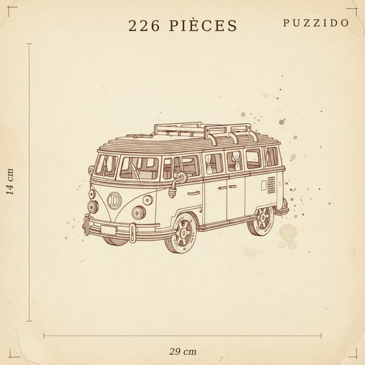Puzzle 3D du Van Bleu en bois, plan technique des dimensions.
