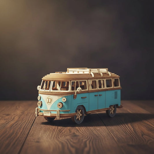 Puzzle 3D du Van Bleu rétro en bois, assemblé.