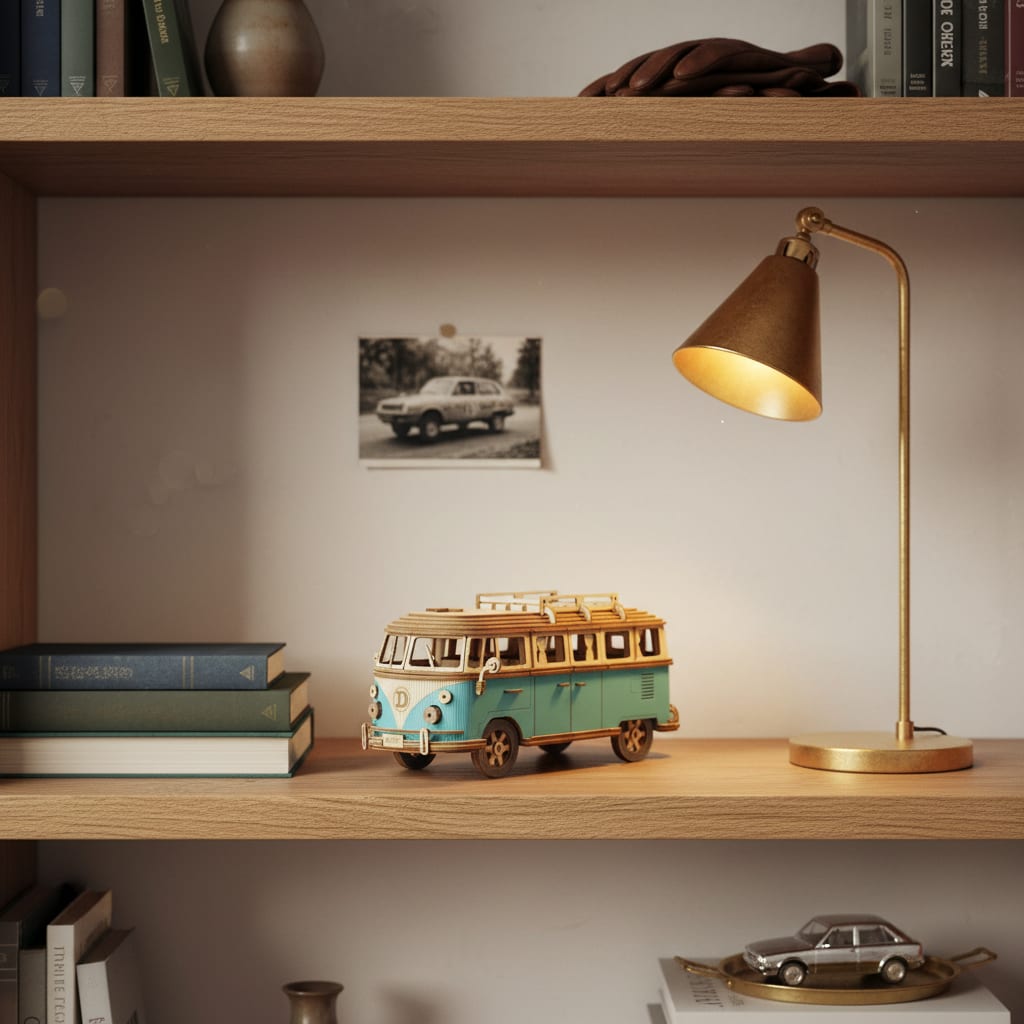 Puzzle 3D du Van Bleu, posé sur une commode dans un intérieur design