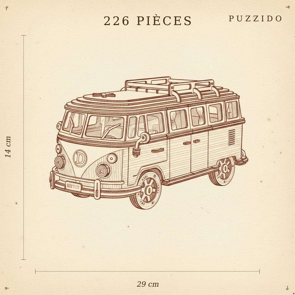 Puzzle 3D du Van Rouge, plan technique avec dimensions