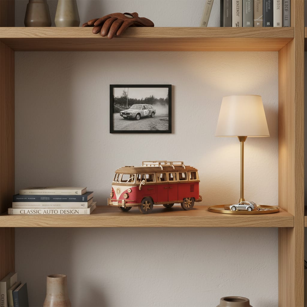 Puzzle 3D du Van Rouge, posé sur une commode dans un intérieur design