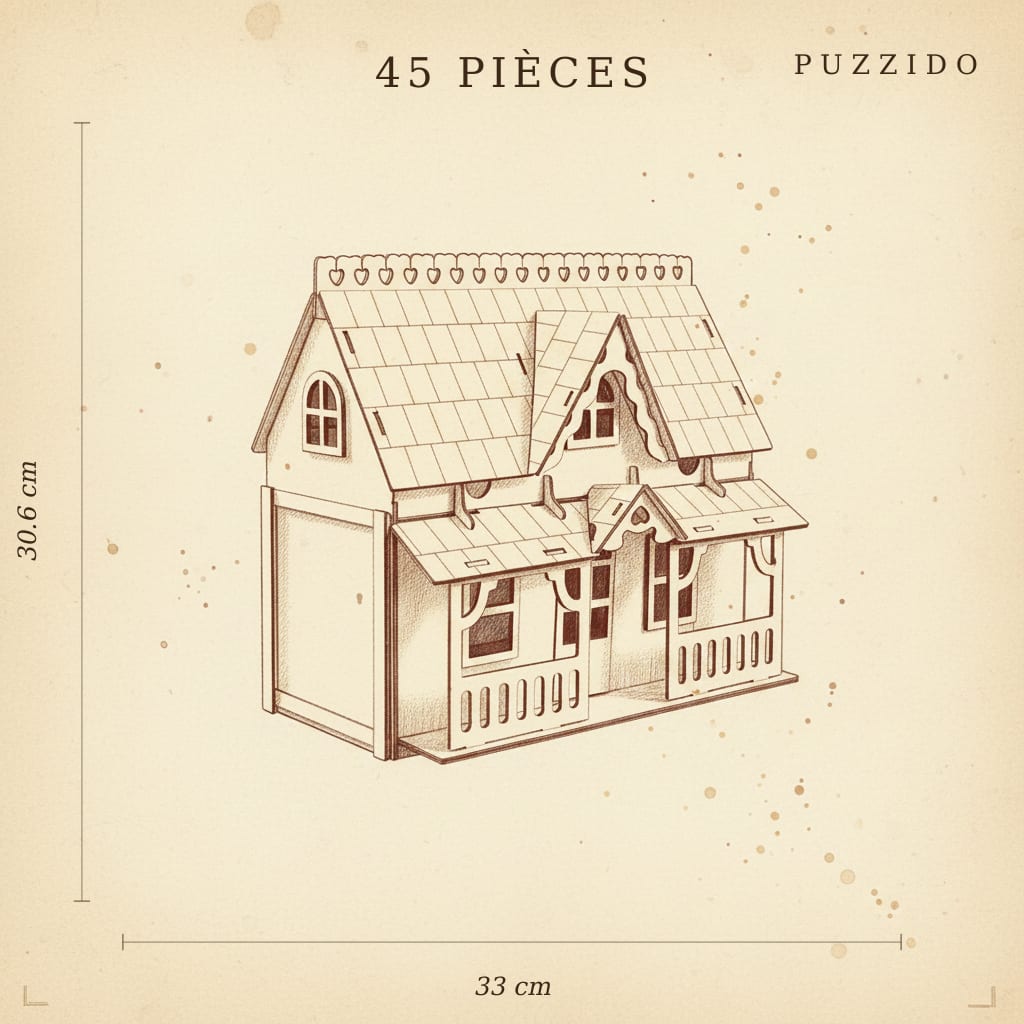 Puzzle 3D du Villa de Poupée en Bois, plan technique avec dimensions