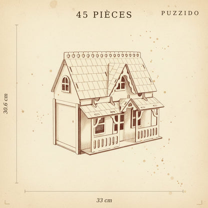 Puzzle 3D du Villa de Poupée en Bois, plan technique avec dimensions