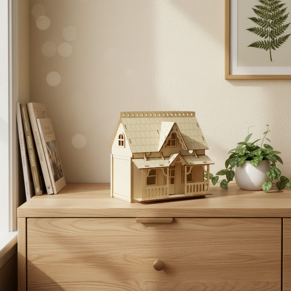 Puzzle 3D du Villa de Poupée en Bois, posé sur une commode dans un intérieur design