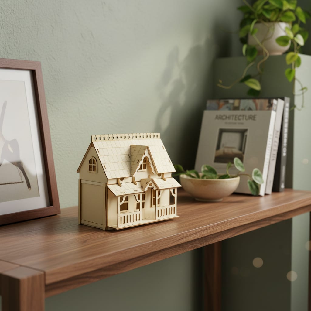 Puzzle 3D du Villa de Poupée en Bois, exposé sur une étagère ouverte