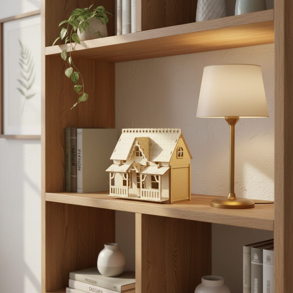 Puzzle 3D du Villa de Poupée en Bois, placé sur une cheminée en pierre