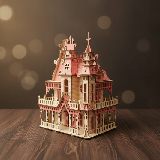 Puzzle 3D de la Villa Rose en bois, assemblé.