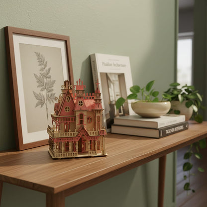 Puzzle 3D du Villa Rose, posé sur une commode dans un intérieur design