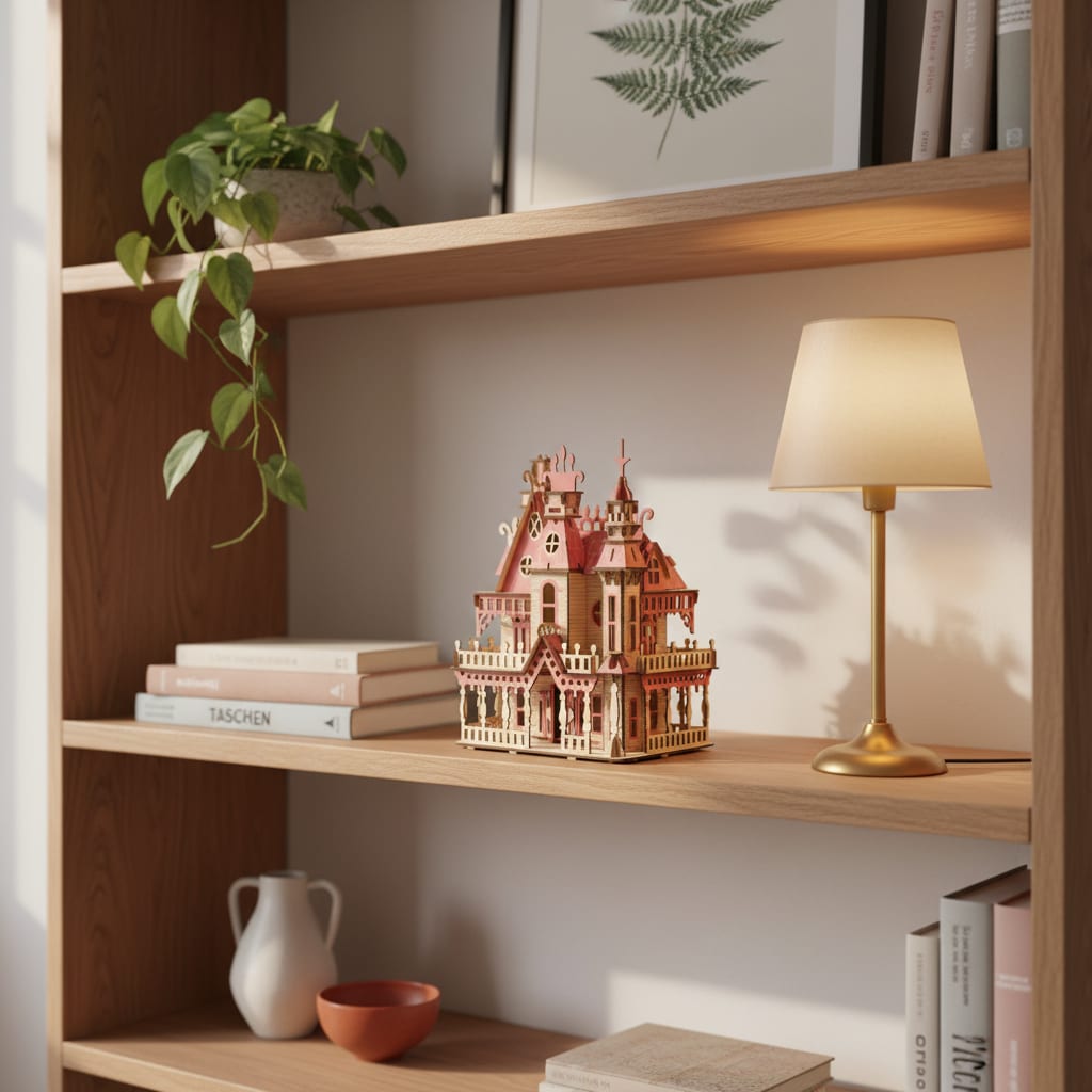 Puzzle 3D du Villa Rose, placé sur une cheminée en pierre