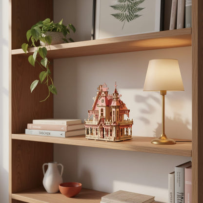 Puzzle 3D du Villa Rose, placé sur une cheminée en pierre