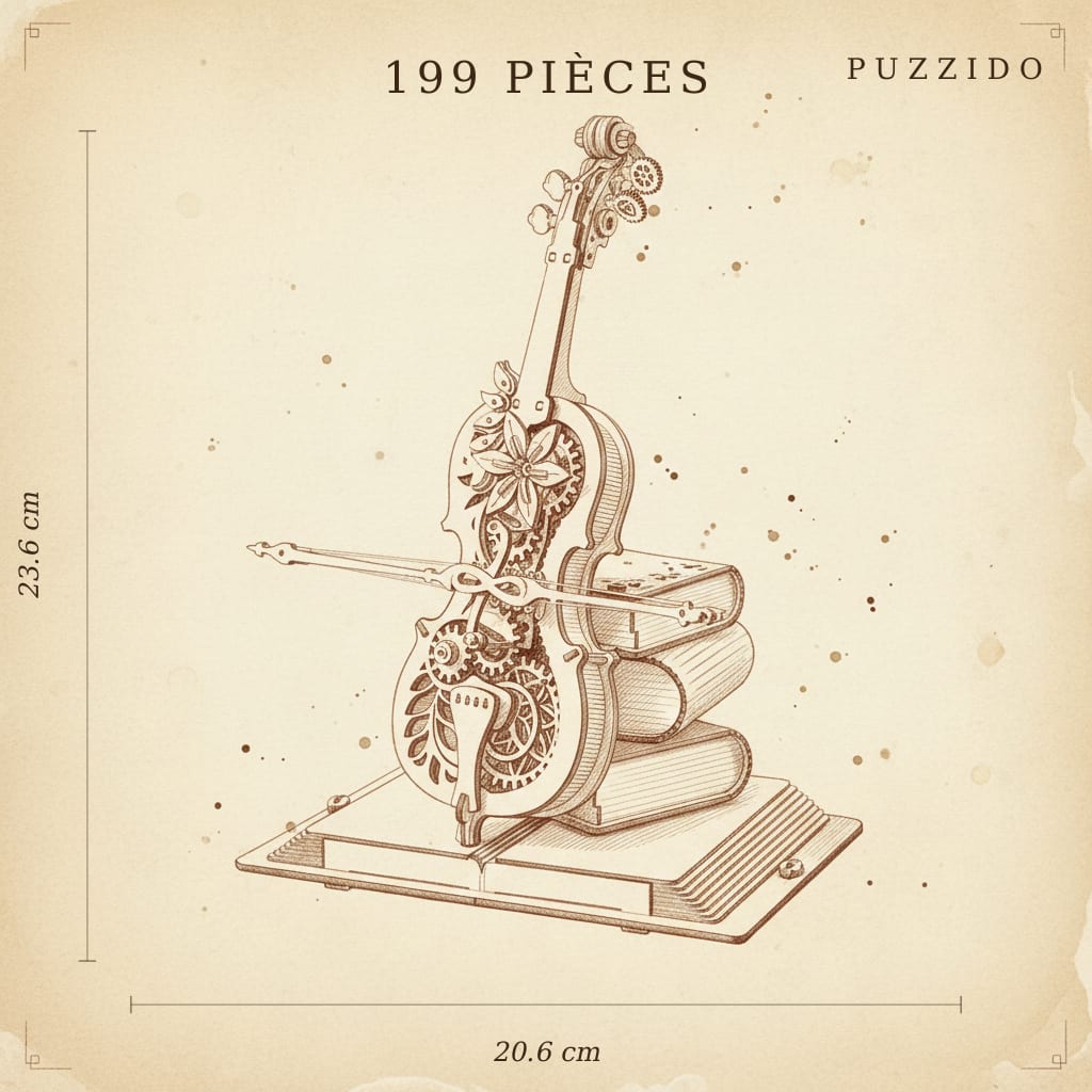 Puzzle 3D violoncelle en bois, boîte à musique mécanique, assemblé - vue 2.