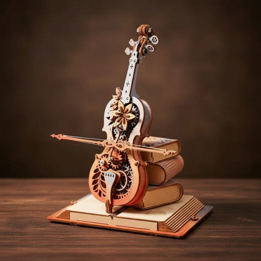 Puzzle 3D violoncelle en bois, boîte à musique mécanique, assemblé.