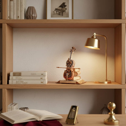 Puzzle 3D du Violoncelle en Bois, posé sur une commode dans un intérieur design