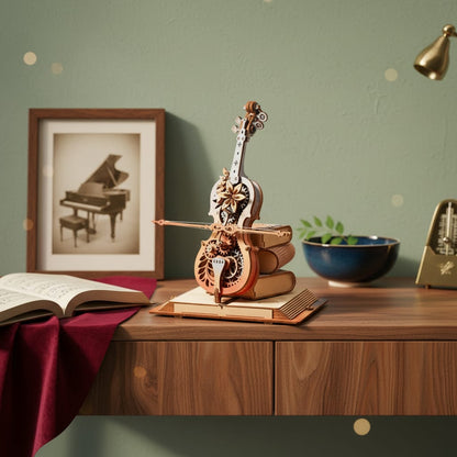Puzzle 3D du Violoncelle en Bois, exposé sur une étagère ouverte