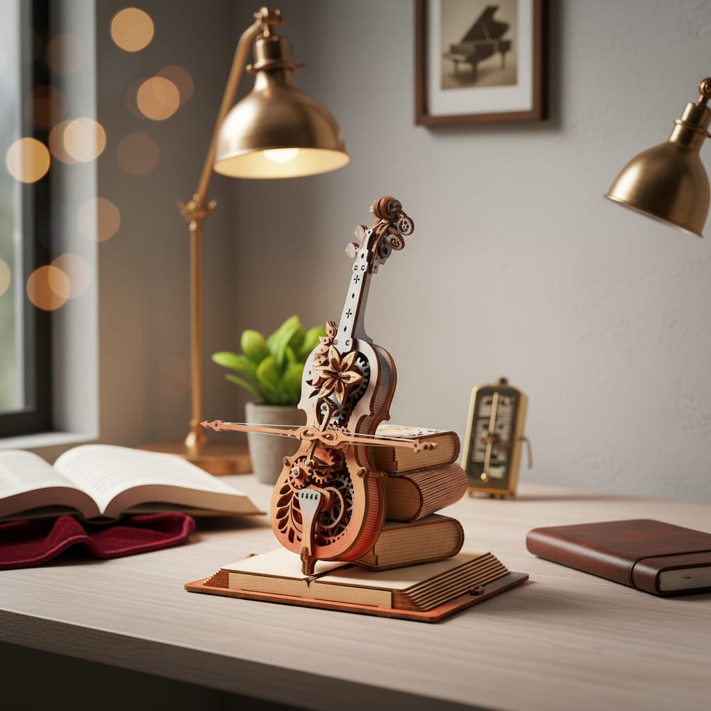 Puzzle 3D du Violoncelle en Bois, placé sur une cheminée en pierre