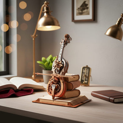Puzzle 3D du Violoncelle en Bois, placé sur une cheminée en pierre