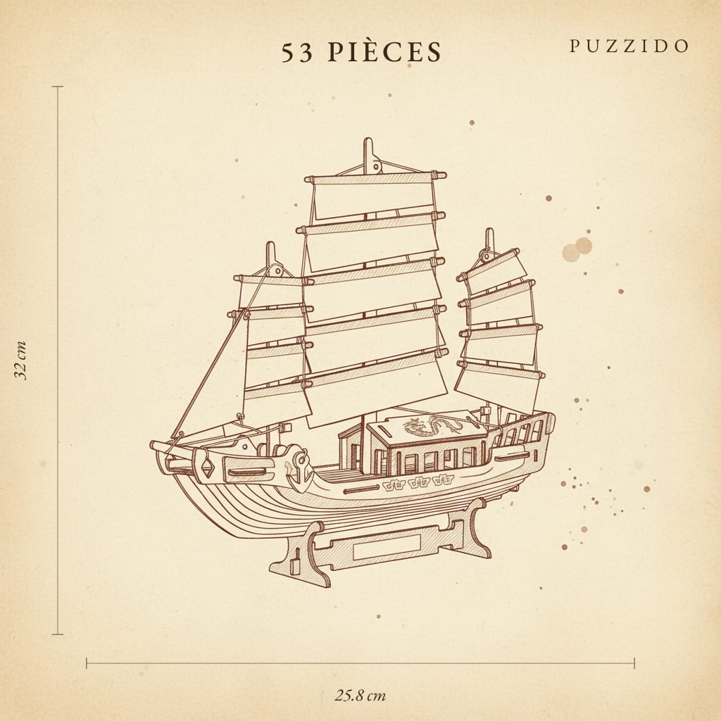 Puzzle 3D du Voilier Chinois, plan technique avec dimensions