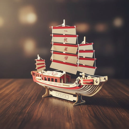 Puzzle 3D du Voilier Chinois, vue studio sur surface en noyer