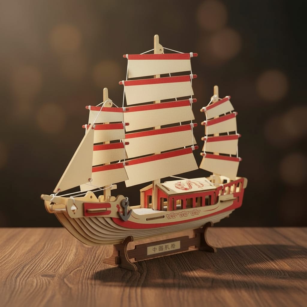 Puzzle 3D du Voilier Chinois, vue studio sur surface en noyer