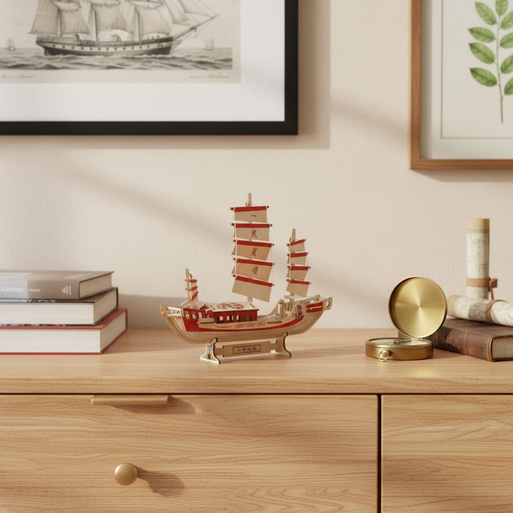 Puzzle 3D du Voilier Chinois, posé sur une commode dans un intérieur design
