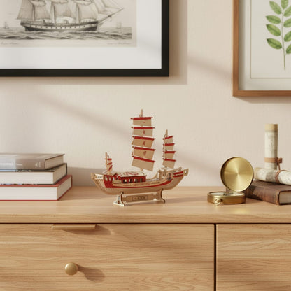 Puzzle 3D du Voilier Chinois, posé sur une commode dans un intérieur design