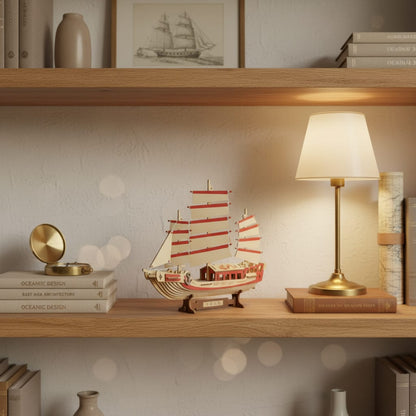 Puzzle 3D du Voilier Chinois, posé sur une commode dans un intérieur design