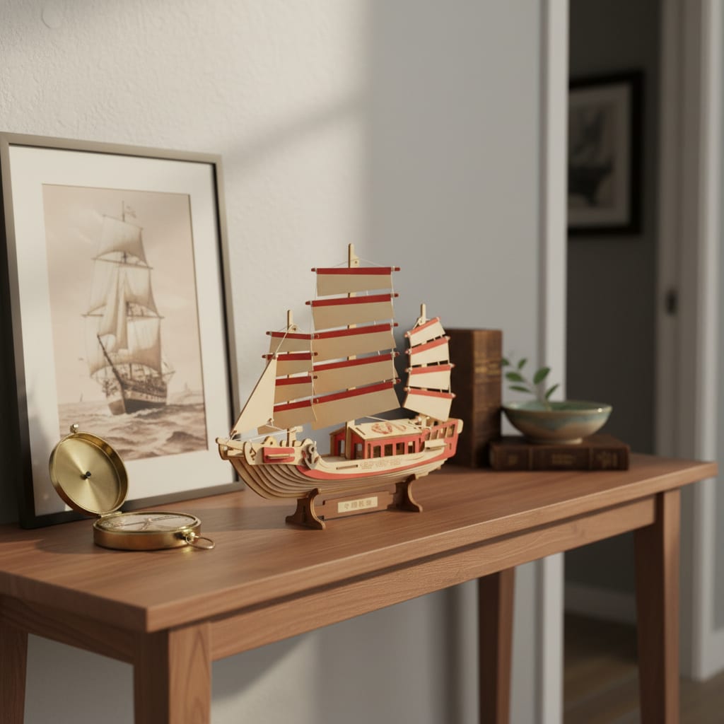 Puzzle 3D du Voilier Chinois, placé sur une cheminée en pierre