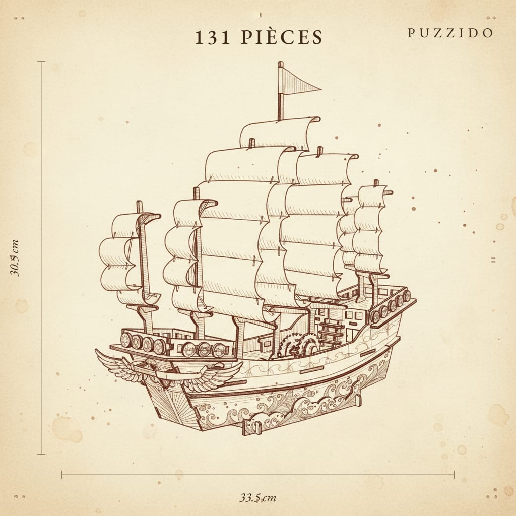 Puzzle 3D en Bois Voilier Ming Antique — plan technique.