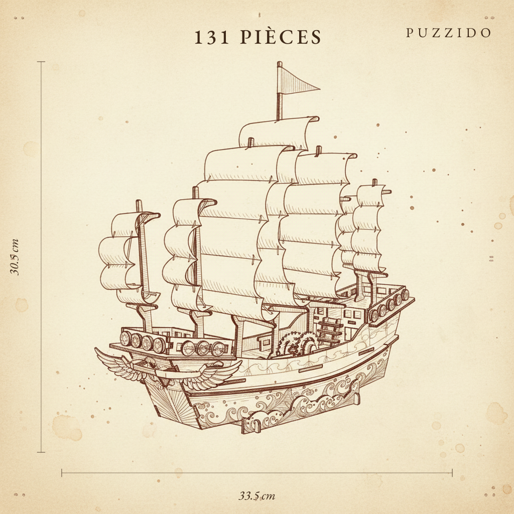 Puzzle 3D en Bois Voilier Ming Antique — plan technique.