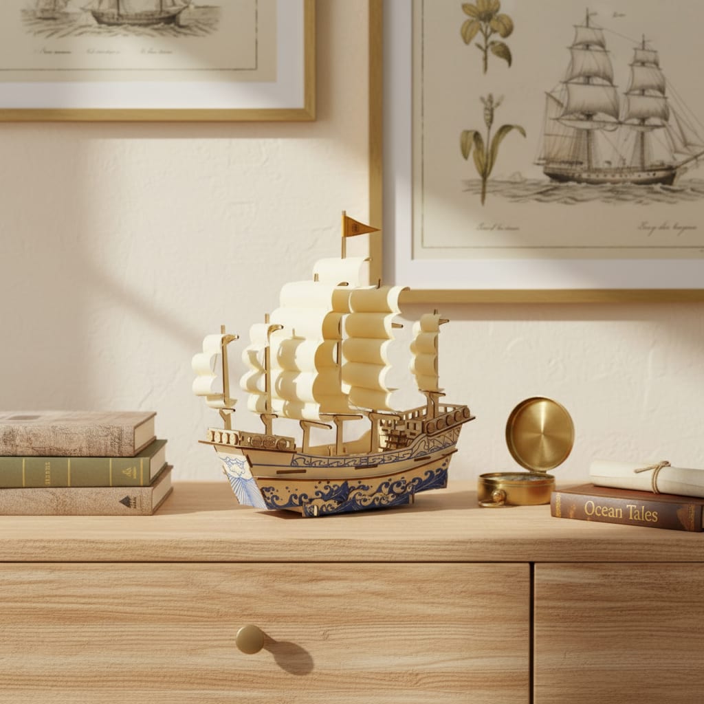 Puzzle 3D du Voilier Ming Antique, posé sur une commode dans un intérieur design