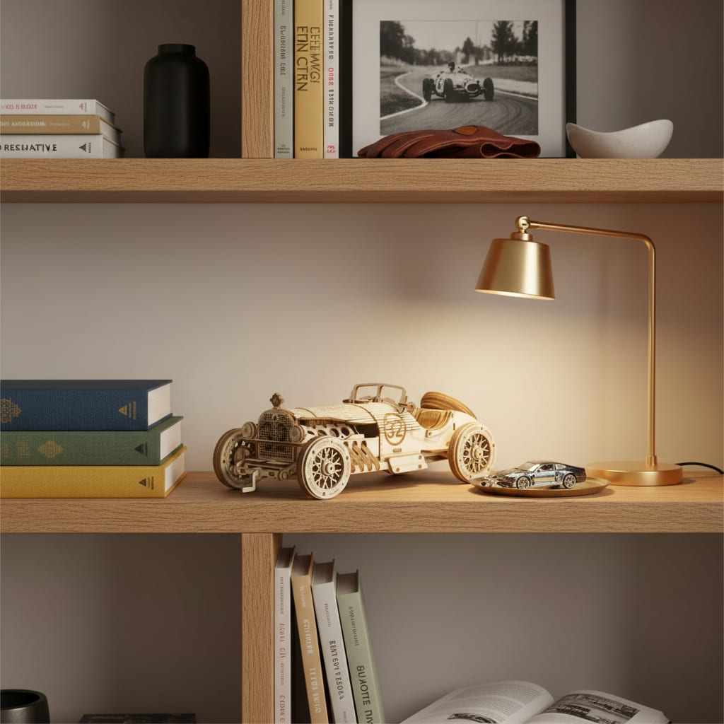 Puzzle 3D du Voiture Grand Prix, posé sur une commode dans un intérieur design