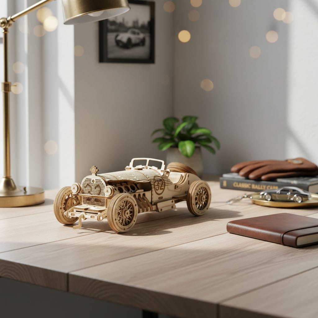 Puzzle 3D du Voiture Grand Prix, placé sur une cheminée en pierre
