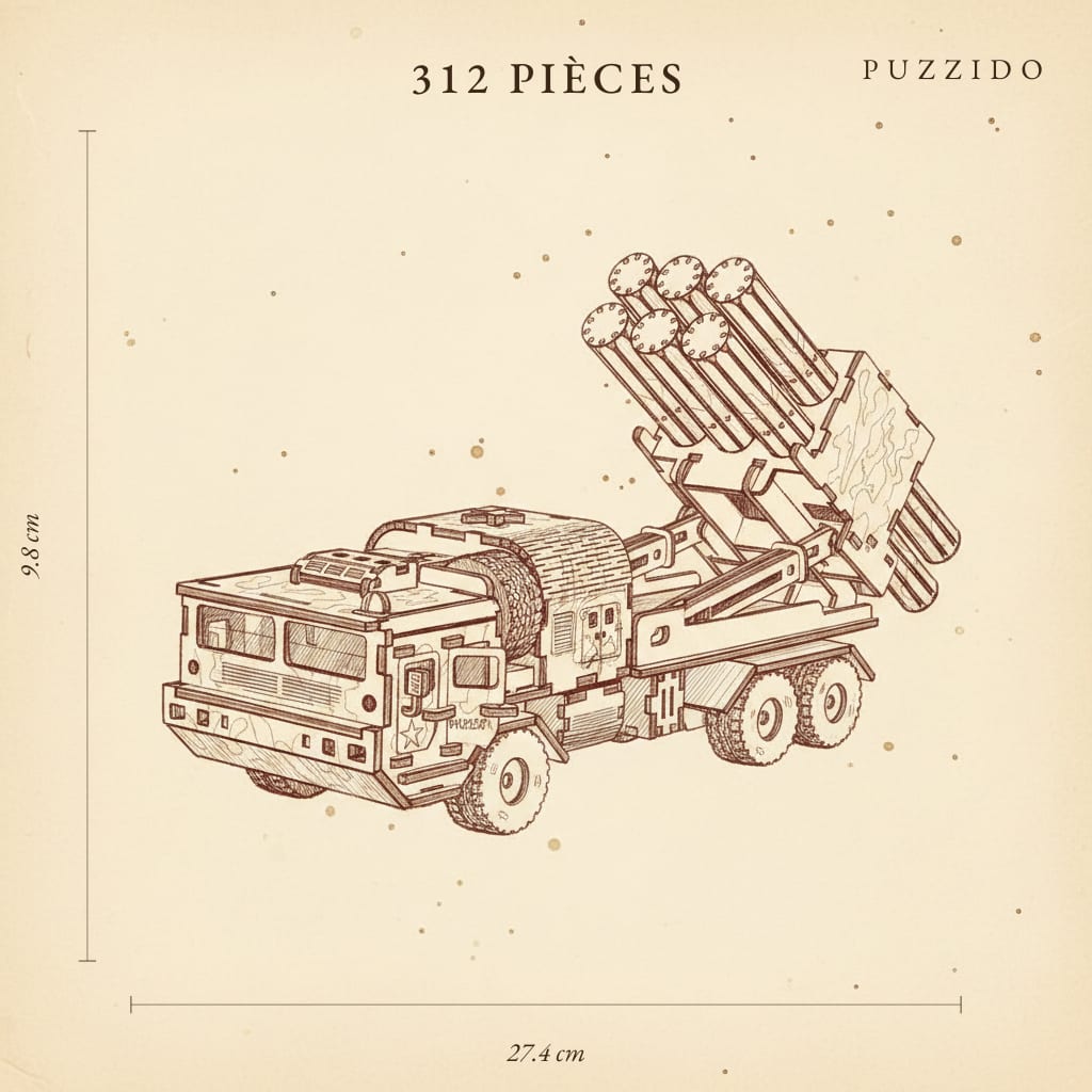 Puzzle 3D Voiture Militaire à Missiles en Bois — plan technique.