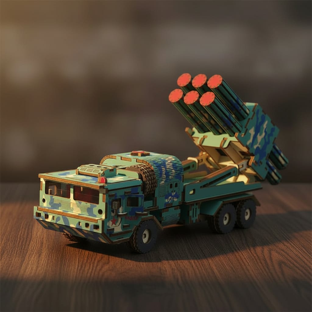 Puzzle 3D du véhicule militaire à missiles en bois, assemblé.