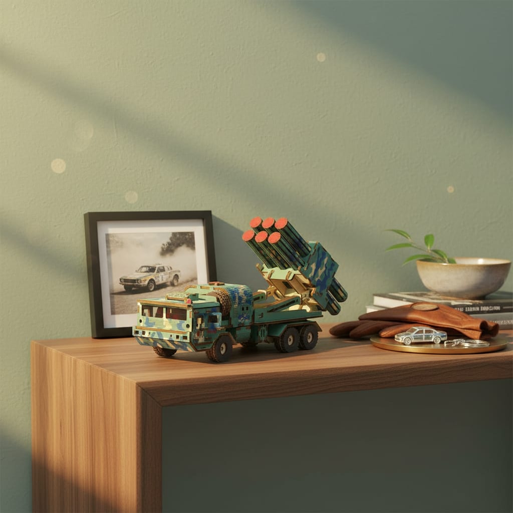 Puzzle 3D du Voiture Militaire à Missiles en Bois, exposé sur une étagère ouverte